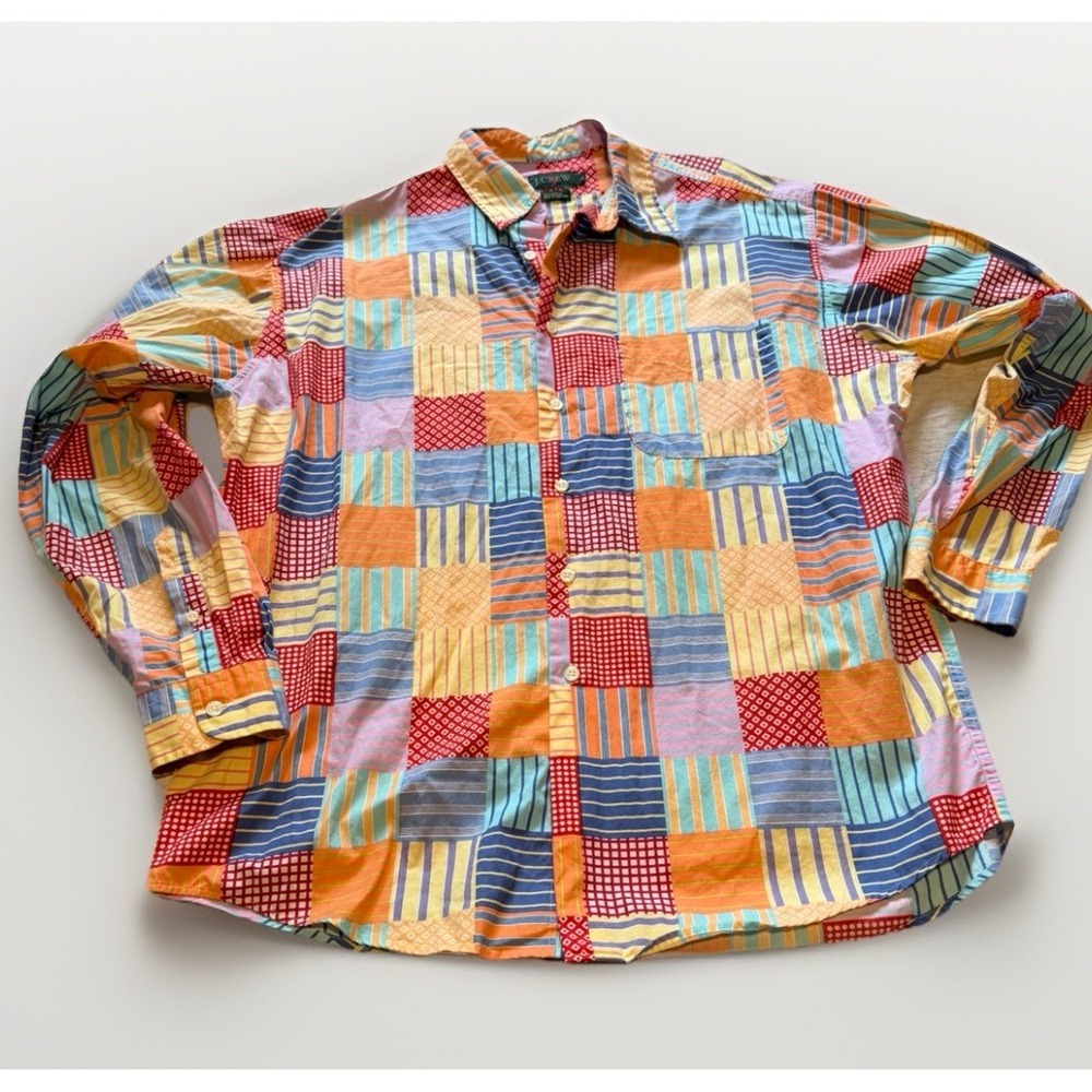 Vintage J.Crew Patchwork Button Down Shirt Mens L… - image 1